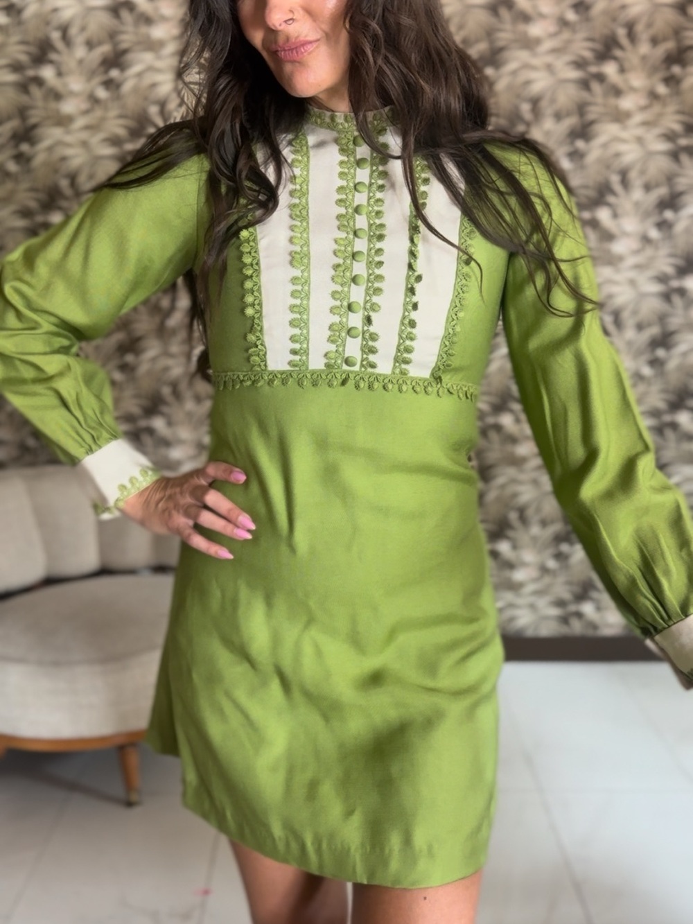Vintage 1960s cocktail Green Mini Dress with Ivory Bib Detail and bow in back